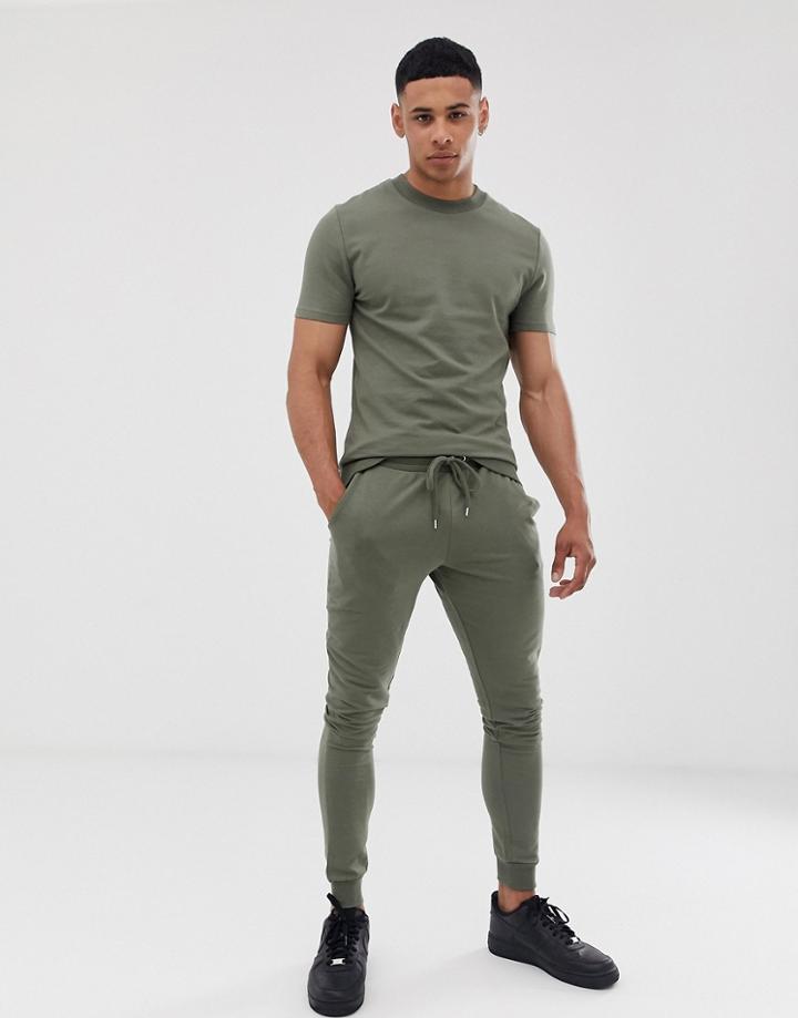 Asos Design Short Sleeve Muscle Tracksuit In Khaki - Green
