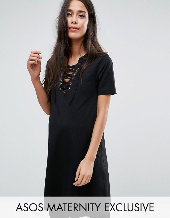 Asos Maternity Lace Up Front T-shirt Dress - Black