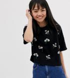 Asos Design Petite Boxy T-shirt With All Over Ditsy Embroidery - Black