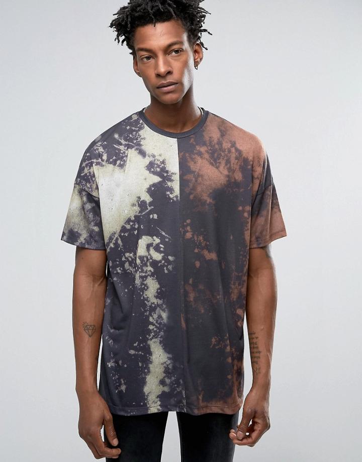 Asos Oversized T-shirt In Washed Black With Spliced Front - Black