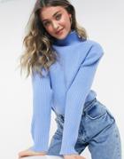 Asos Design High Neck Sweater In Multi Rib With Shoulder Detail In Blue-blues
