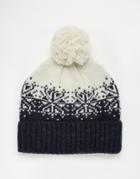 Asos Bobble Beanie In Navy And Ecru Lambswool With Fair Isle Design - Navy