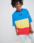 Asos Design Oversized Color Block T-shirt With Text Print And Half Sleeve - Multi