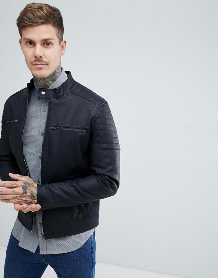 Asos Design Faux Leather Jacket With Quilting - Black