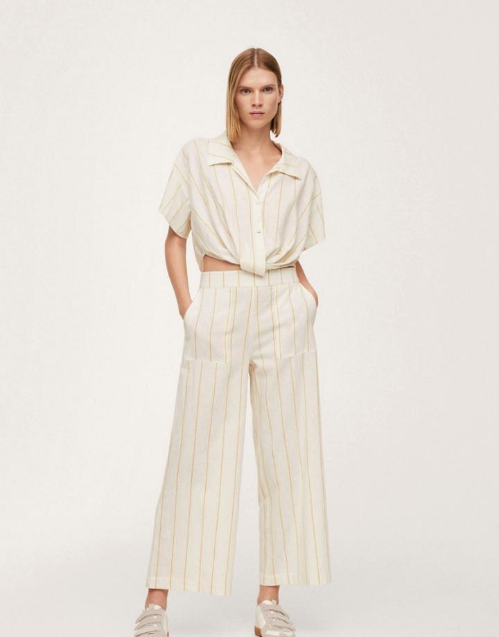 Mango Cut Out Detail Linen Stripe Jumpsuit In White