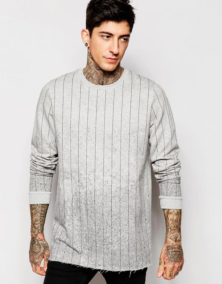 Asos Longline Sweatshirt With Print & Stripe - Gray Marl