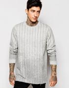 Asos Longline Sweatshirt With Print & Stripe - Gray Marl
