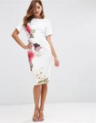 Asos Wiggle Dress In Placement Rose Print - Ivory Print