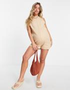 Asos Design Maternity Sleeveless Minimal Romper In Waffle In Wheat-white