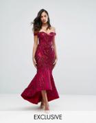 Bariano Off Shoulder Sweetheart Sequin Maxi Dress - Red