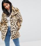 Asos Petite Faux Fur Coat In Leopard - Multi