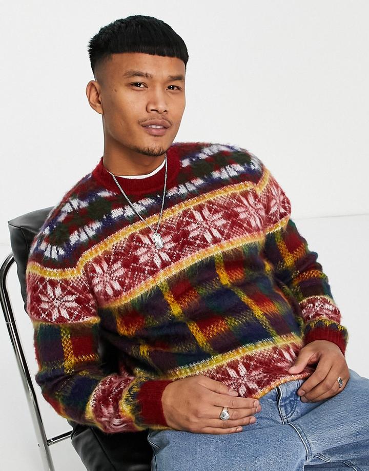 Asos Design Fluffy Knit Christmas Sweater With Tartan Design In Red