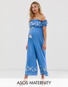 Asos Design Maternity Off Shoulder Embroidery Jumpsuit - Orange