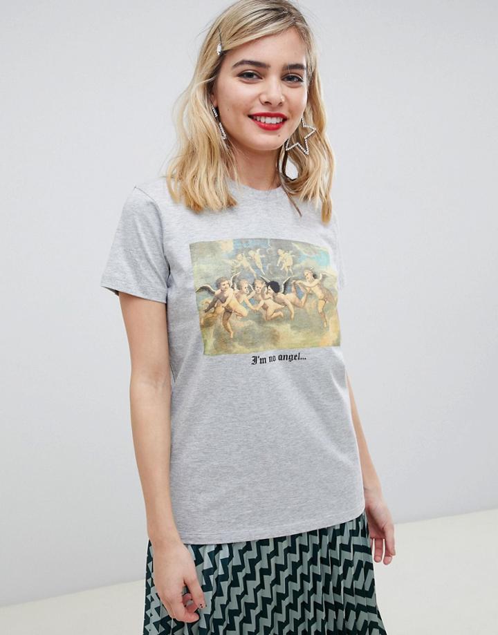 Asos Design T-shirt With Photographic Cherub Print - Gray