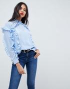 Asos Lace Insert Ruffle Blouse - Blue