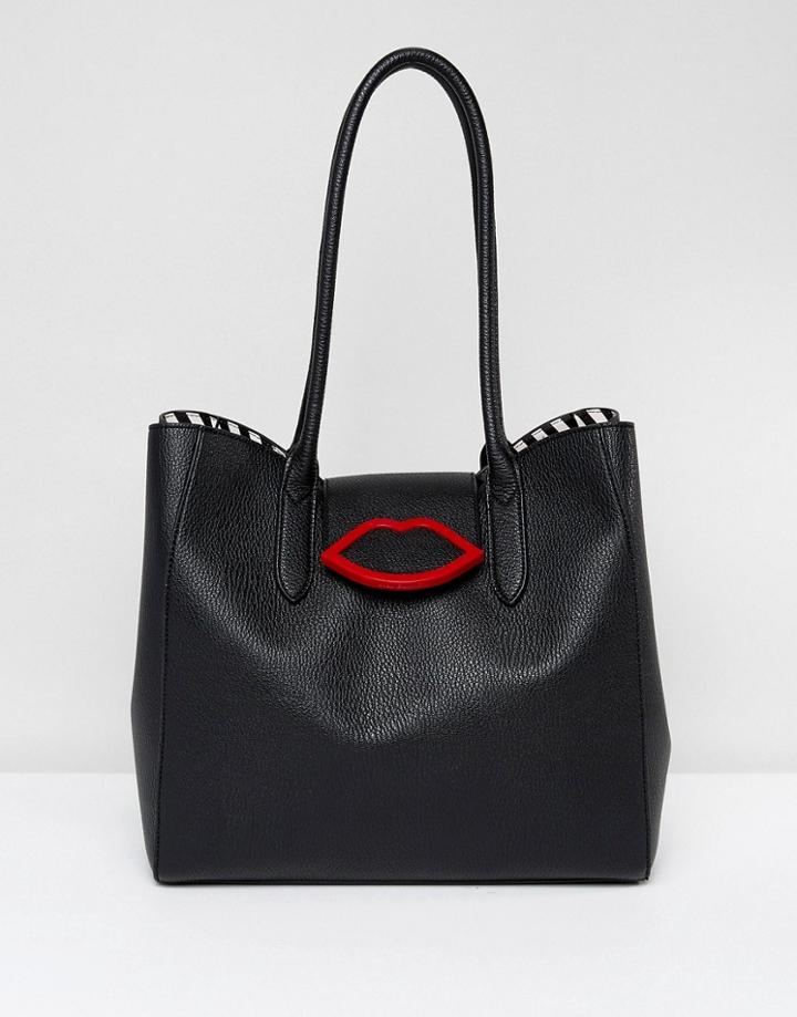 Lulu Guinness Black Tote Back In Foldover Lips Detail - Black
