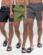 Asos Swim Shorts 3 Pack In Khaki Black And Gray In Mid Length Save - Multi