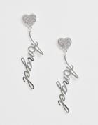 Asos Design Earrings With Crystal Heart And Angel Slogan Drop In Silver Tone