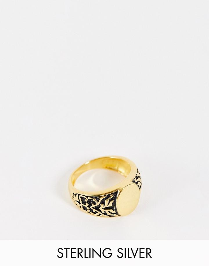 Asos Design Sterling Silver Signet Ring With Vintage Design In 14k Gold Plate