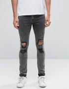 Asos Super Skinny Jeans In Acid Wash With Knee Rips - Gray