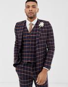 Asos Design Wedding Skinny Suit Jacket In Navy Windowpane Check - Navy
