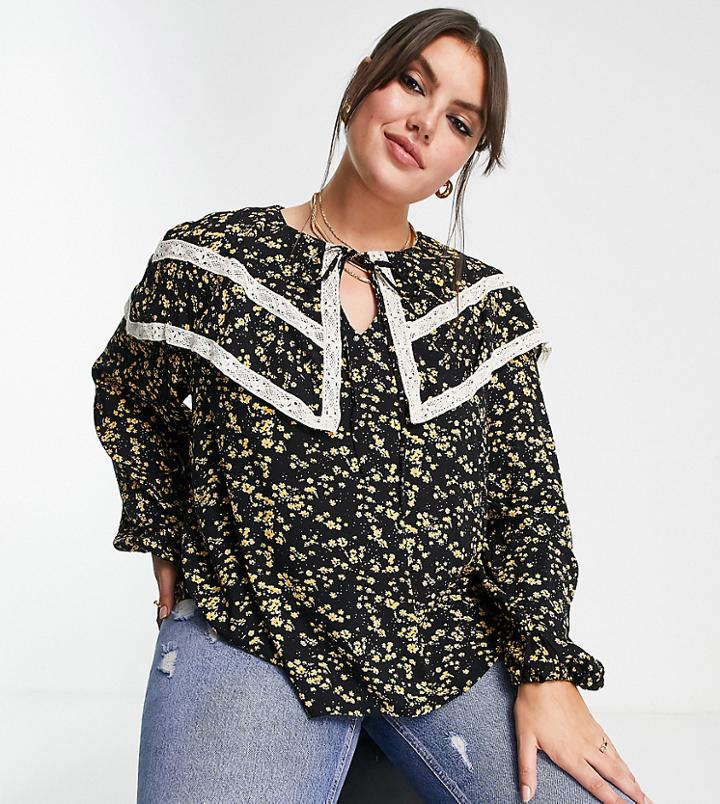 River Island Plus Ditsy Floral Collared Prairie Blouse In Black