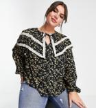 River Island Plus Ditsy Floral Collared Prairie Blouse In Black