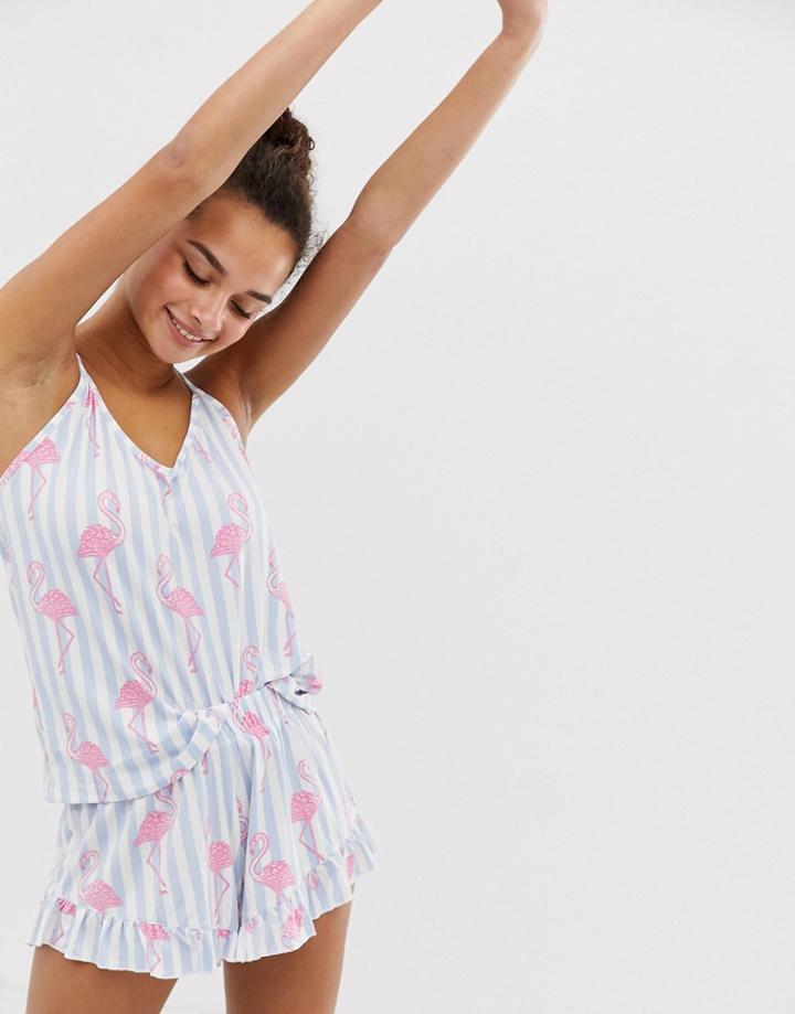 Chelsea Peers Stripe Flamingo Print Cami Pyjama Set - Red