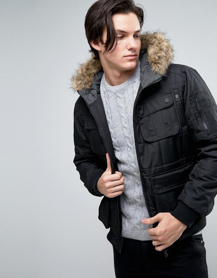 Brave Soul Short Parka With Faux Fur Hood - Black