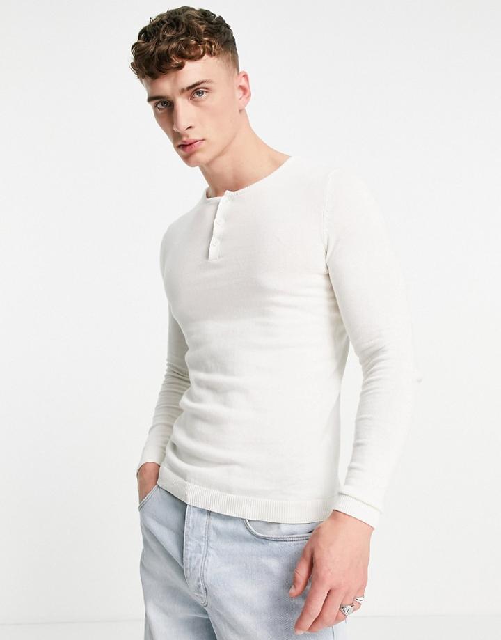 Asos Design Knitted Cotton Grandad Polo In White