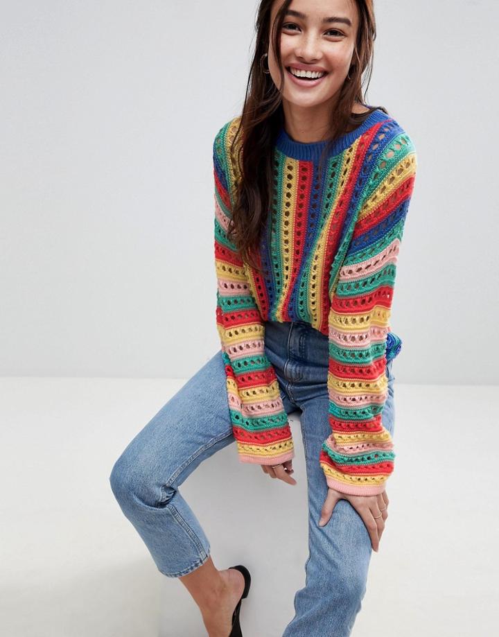 Asos Design Crochet Sweater With Flared Sleeve In Bright Stripe - Multi