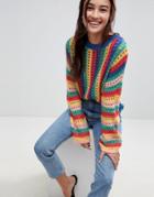 Asos Design Crochet Sweater With Flared Sleeve In Bright Stripe - Multi