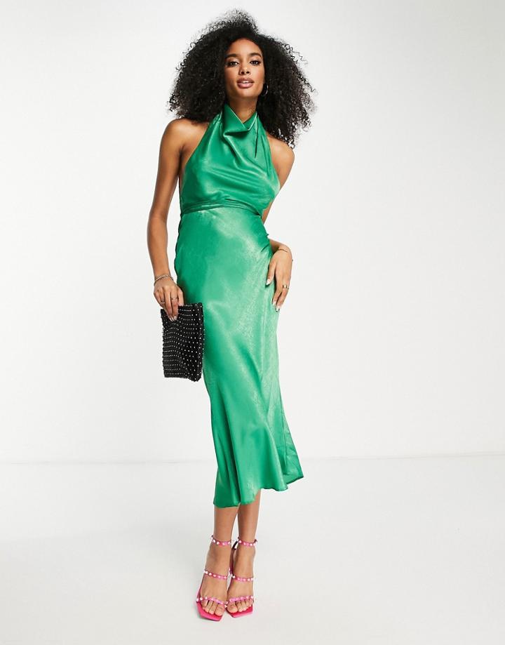 Asos Design Cowl Neck Halter Midi Dress With Tie Wrap Waist In Green