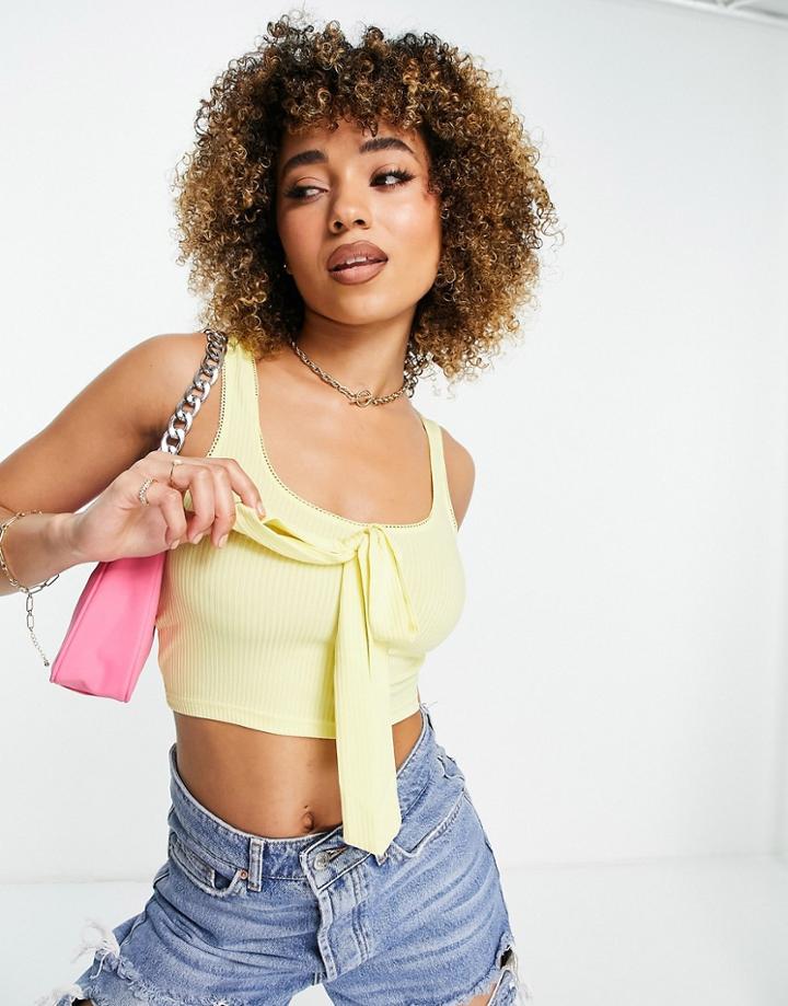 Heartbreak Ribbed Tie Front Crop Top In Lemon - Part Of A Set-yellow