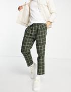 Asos Design Tapered Wool Mix Smart Pants In Khaki Windowpane Plaid-green