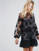 Stevie May Contrast Floral Embroidered Spot Mesh Mini Dress - Black