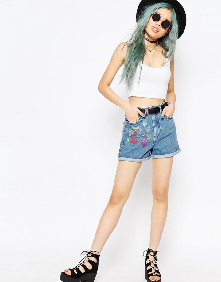 Asos Denim Confetti Embroidered Mom Short - Mid Wash Blue