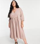 Asos Design Curve Midi Smock Dress With Wrap Top In Mocha-neutral