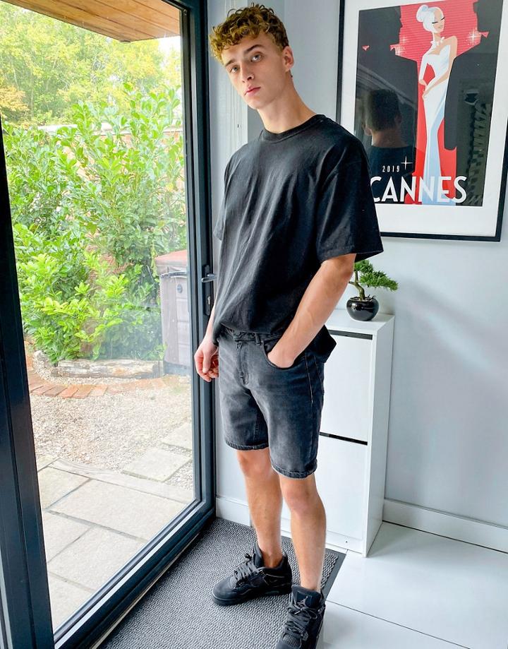 Asos Design Slim Denim Shorts In Washed Black