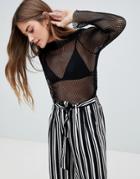 Pieces Alexis Fishnet Mesh Roll Neck Top - Black