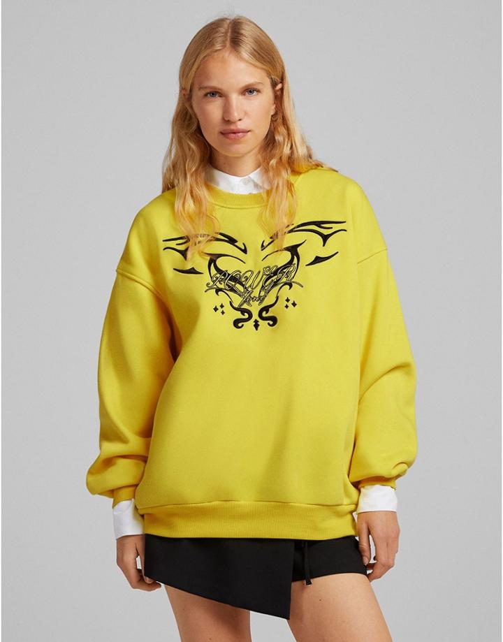 Bershka Oversized Graphic Sweat In Yellow