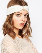 Asos Pleated Hair Turban With Faux Pearl Detail - Cream