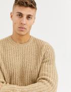 Asos Design Heavyweight Fisherman Rib Sweater In Camel-brown