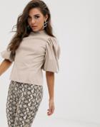 Asos Design Top With Puff Sleeve In Pu - Stone