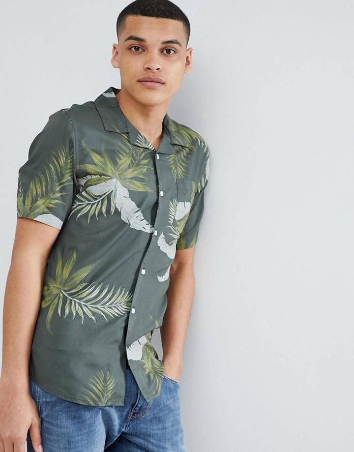 Only & Sons Short Sleeve Shirt With Print And Revere Collar - Green