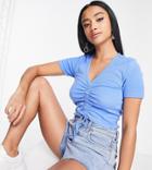 Threadbare Petite Ruched Front Crop Top In Blue