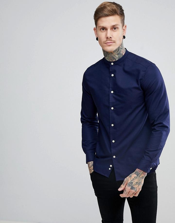 Lyle & Scott Grandad Collar Shirt In Navy - Navy