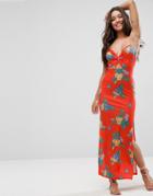 Asos Maxi Dress With Cut Out Front In Red Based Floral - Multi