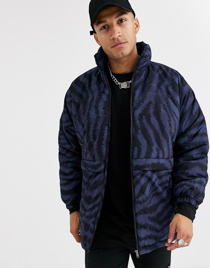 Asos Design Tiger Print Puffer In Navy