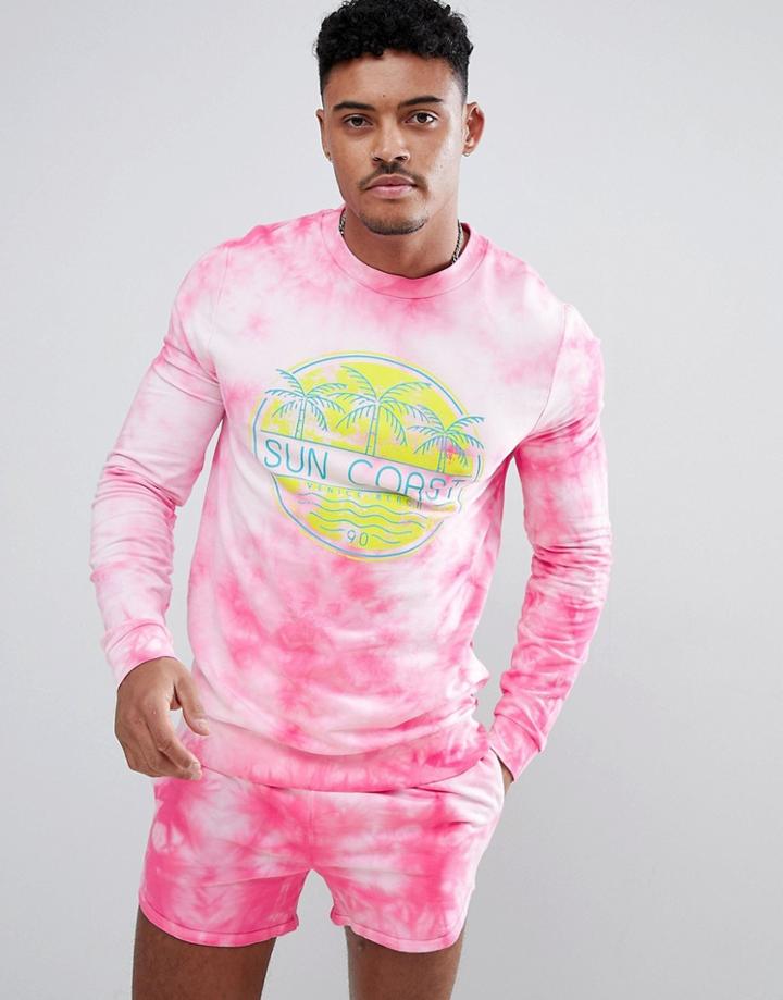 Asos Design Tracksuit Muscle Sweatshirt/shorts In Tie Dye With Print - Pink